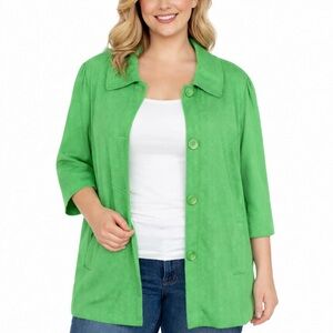 DIALOGUE Green Jacket PlusSize 3X 3/4 Sleeve Pockets Wide Collar Relaxed Fit NWT